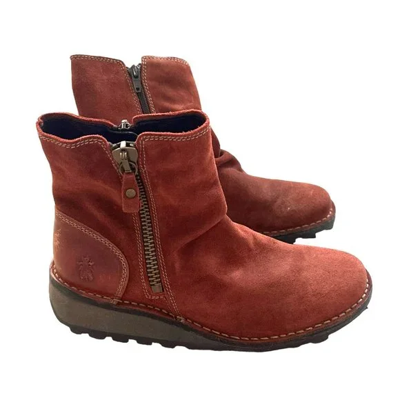 Fly London Womens Mong Ankle Boots size 37 Red Side Zip Suede NEW - Picture 4 of 8